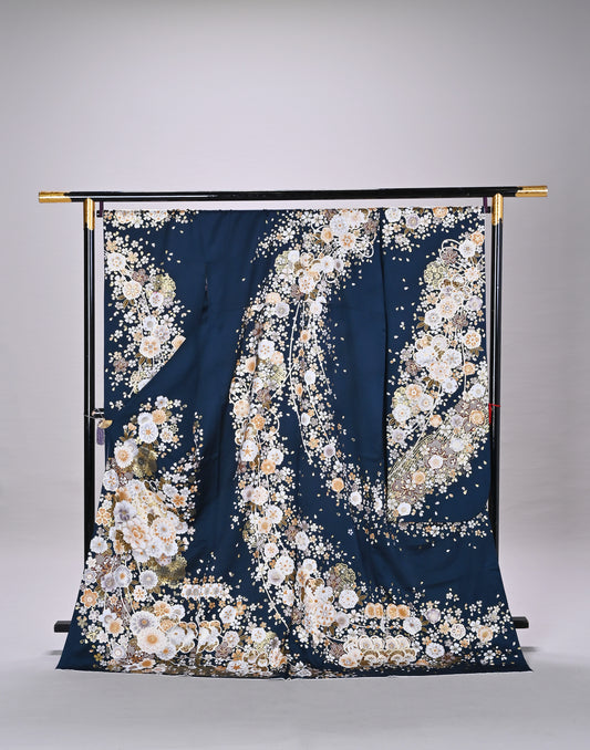 【振袖】F1031  紺  ワイド４L寸